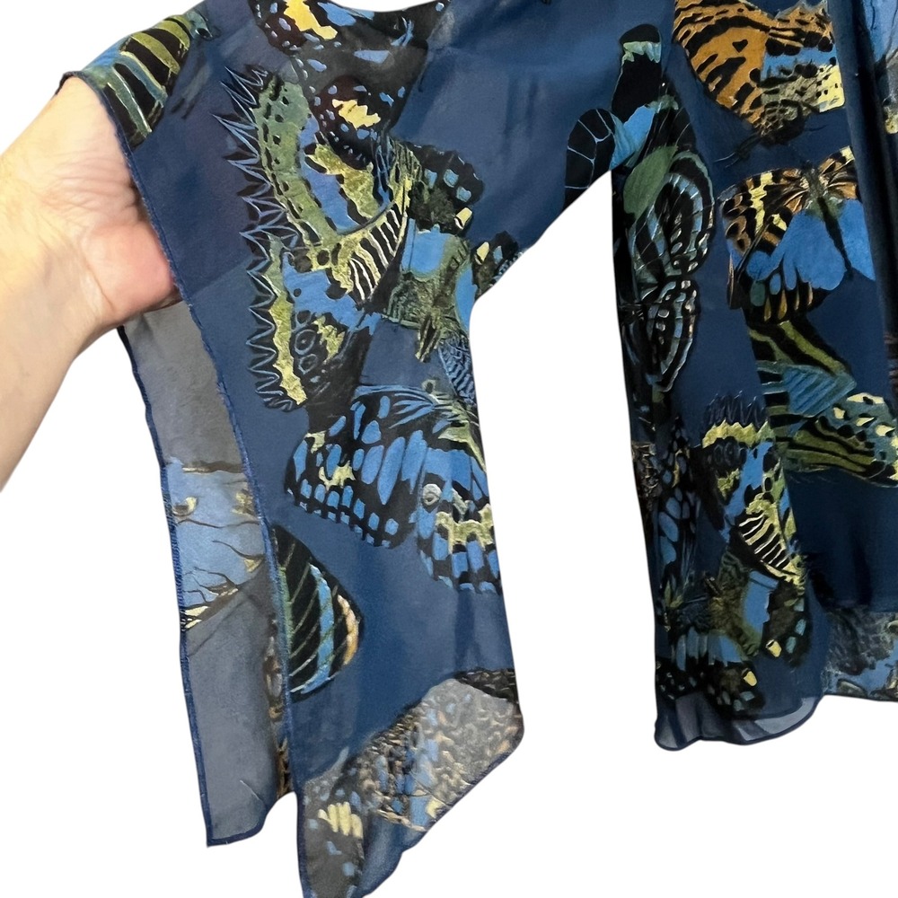 One World Blue Butterfly Print Sheer Open Front Kimono Cardigan‎ Swim Cover Med - Picture 3 of 7